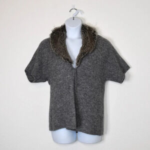 Chicos Cardigan Faux Fur Sz 1 (M) Wool Blend Minimalist Neutral Boho Work Office